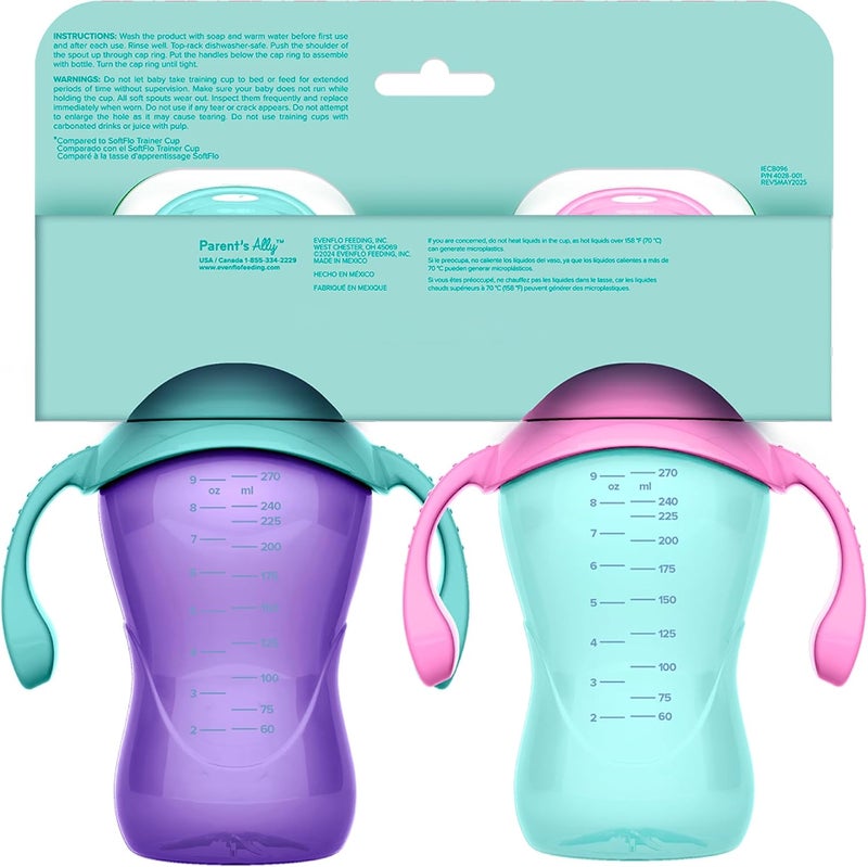 إيفين فلو فيدينغ Evenflo Balance+ Trainer Cups for Babies 6+ Months, Purple and Mint, Ergonomic Design with Handles, 9oz, 2 Pack - Image 2