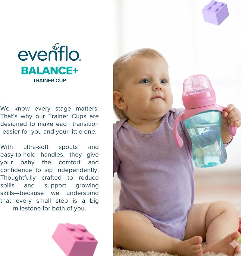 إيفين فلو فيدينغ Evenflo Balance+ Trainer Cups for Babies 6+ Months, Purple and Mint, Ergonomic Design with Handles, 9oz, 2 Pack - Image 4