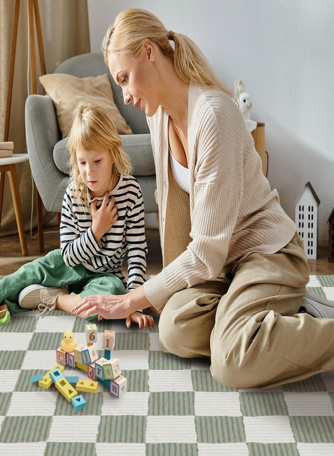 moonysweet Sage Green Washable Area Rug 3' ×5' Checkered Large Living Room Rug Geometry Neutral Line Non-Slip Soft Bedroom Carpet Dining Room Nursery Home Office Indoor Decor - Image 2