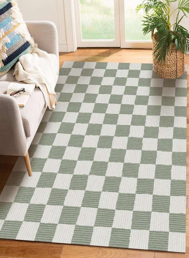 moonysweet Sage Green Washable Area Rug 3' ×5' Checkered Large Living Room Rug Geometry Neutral Line Non-Slip Soft Bedroom Carpet Dining Room Nursery Home Office Indoor Decor - Image 1