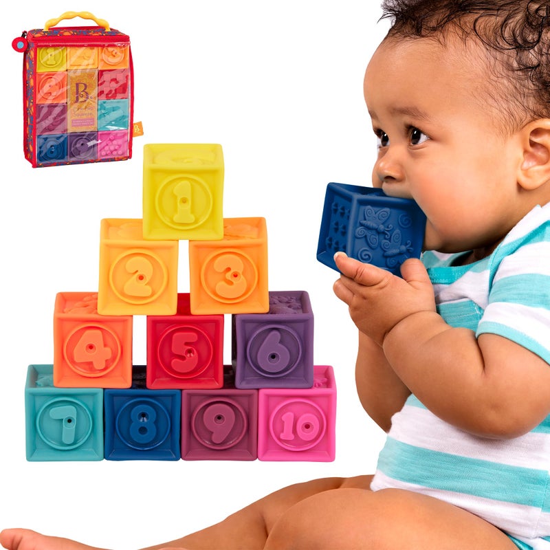 B. toys – Baby Blocks – Stacking & Building Toys For Babies – 10 Soft & Educational Blocks- Numbers, Shapes, Colors, Animals- One Two Squeeze- 6 Months + - Image 1