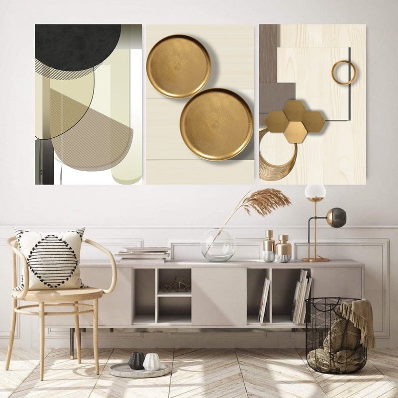 Marktna Three canvas paintings with a geometric and abstract design, with a hollow frame, measuring (120×60), three pieces - Image 1