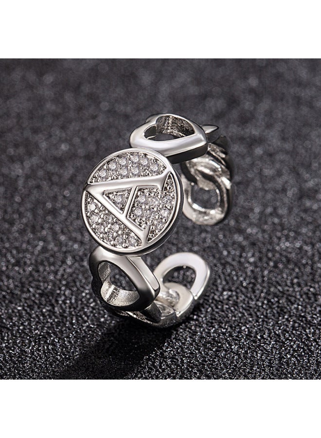 New Light Luxury Copper Inlaid Zircon 18k Real Gold Heart Smooth Letter Adjustable Ring Versatile Personality Ring
