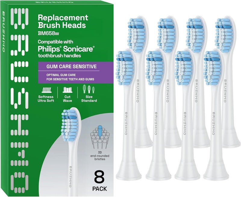 Brushmo Gum Care Sensitive Replacement Toothbrush Heads, Compatible with Philips Sonicare Click-on Toothbrush Handles, 8 Standard Heads, Extra Soft Dupont Bristles for Sensitive Teeth, BM658, White - Image 1
