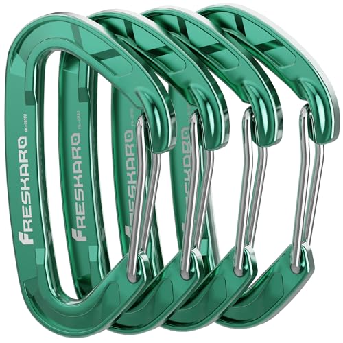 FresKaro Wire gate Carabiner Clips 15kN WireGate Caribeener Heavy Duty Caribeaner Spring Snap Hooks D Ring Strong Lightweight 4Pack for Keychain Key Gym Outdoor Camping Medium Size Green - Image 1