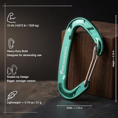 FresKaro Wire gate Carabiner Clips 15kN WireGate Caribeener Heavy Duty Caribeaner Spring Snap Hooks D Ring Strong Lightweight 4Pack for Keychain Key Gym Outdoor Camping Medium Size Green - Image 3