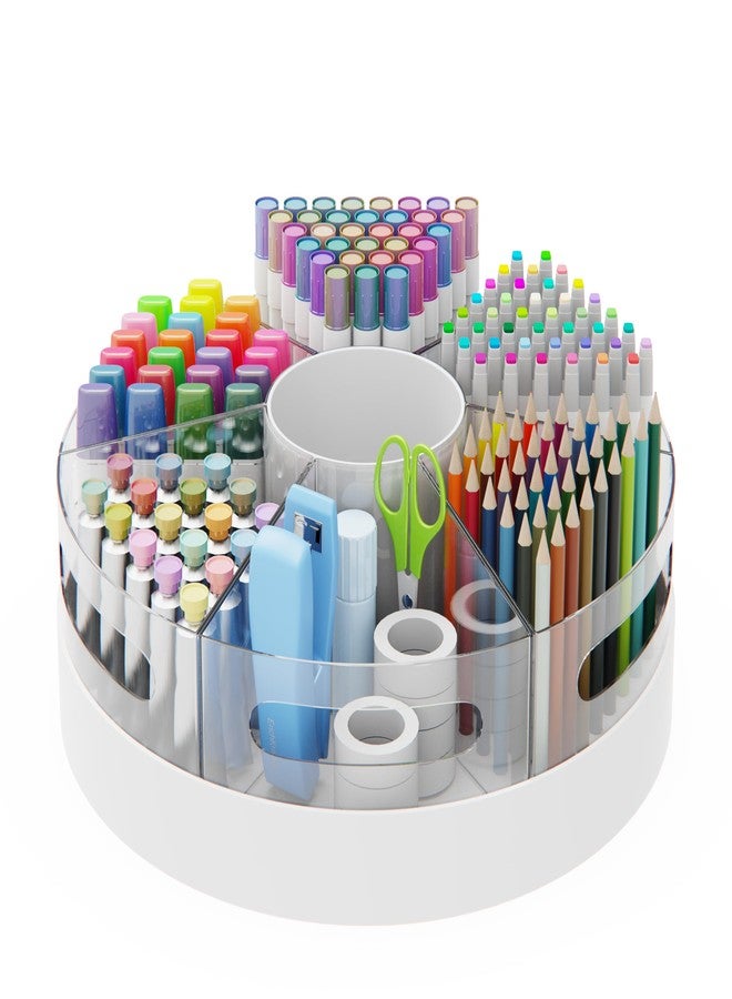 CraftGenes Rotating Pen Organizer for Desk, White Base & Acrylic Pen Holder, 360° Smooth Spinning Desk Organizer with 7 Removable Compartments for Office, Home, Classroom, Marker Organizer - Image 1