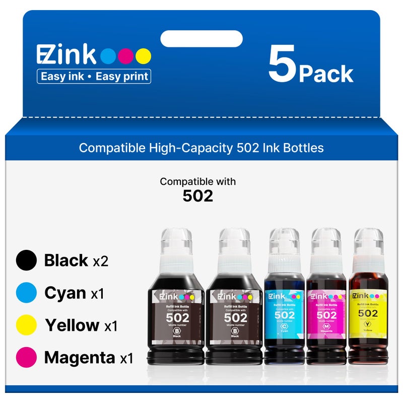 E-Z Ink زجاجات إعادة تعبئة حبر E-Z Ink متوافقة 502 متوافقة مع زجاجات إعادة تعبئة حبر Epson 502 T502 522 T522 سعة عالية للاستخدام مع Epson ET-3850 ET-2850 ET-4850 ET-2800 ET-2760 ET-3760 (5 زجاجات) - Image 1