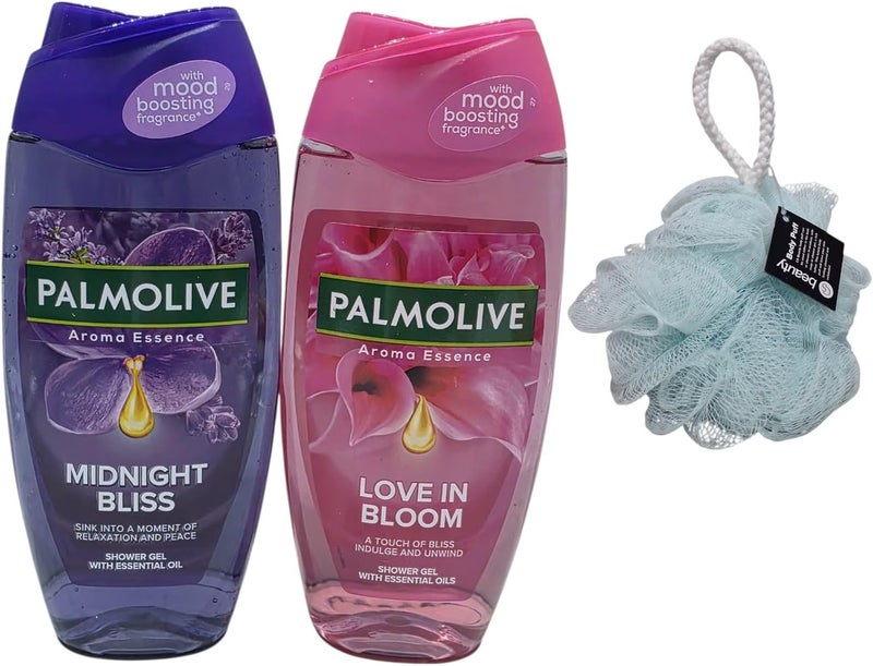 Palmoliv Shower Gel 250ml Love in Bloom Midnight Bliss Aroma Essence Duo Set With Free Beauty Body PuffAny Colour