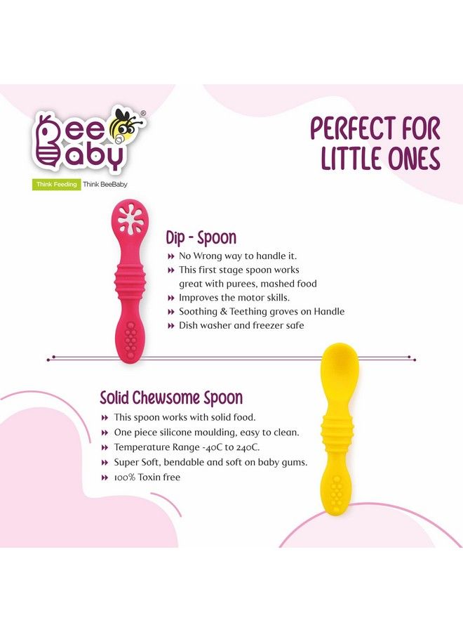 Beebaby Smushy First Stage Silicone Spoon For Feeding Baby Dip Spoon For Baby Led Weaning. 100% Bpa Free. 6 Months + Pack Of 2 (Pink_Yellow) - Image 5