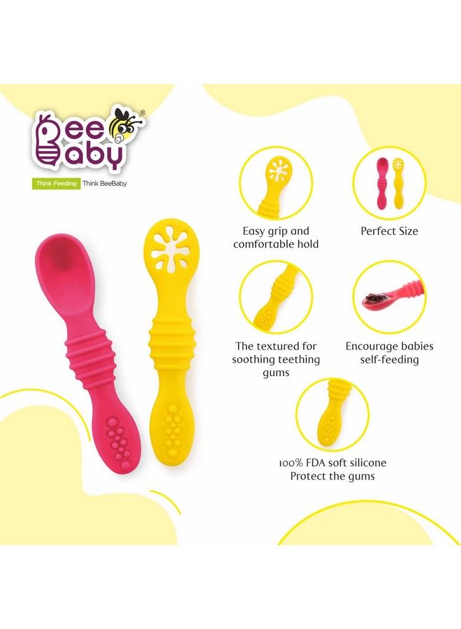 Beebaby Smushy First Stage Silicone Spoon For Feeding Baby Dip Spoon For Baby Led Weaning. 100% Bpa Free. 6 Months + Pack Of 2 (Pink_Yellow) - Image 3
