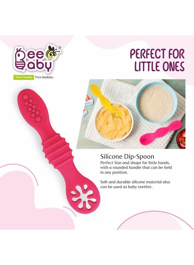 Beebaby Smushy First Stage Silicone Spoon For Feeding Baby Dip Spoon For Baby Led Weaning. 100% Bpa Free. 6 Months + Pack Of 2 (Pink_Yellow) - Image 4