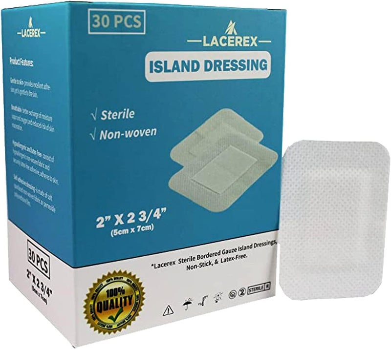 AWD Medical Adhesive Island Dressing, Advanced Wound Dressing, Lacerex Sterile Bordered, Non-Woven Gauze Bandage, Non-Stick, Latex-Free, 2"x2.75", 30 Pack