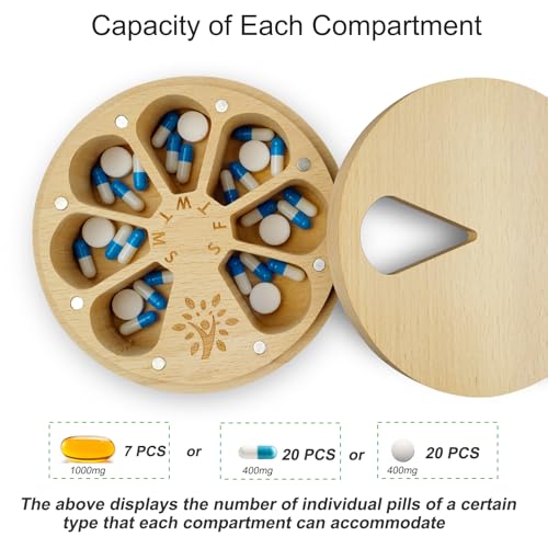 CHIEMOT Wood Weekly Pill Organizer for Medicine Vitamin,Arthritis Friendly 7-Day Pill Box Medium Compartments Holder,Daily Portable Travel Pill Case with Velvet Bag - Image 2