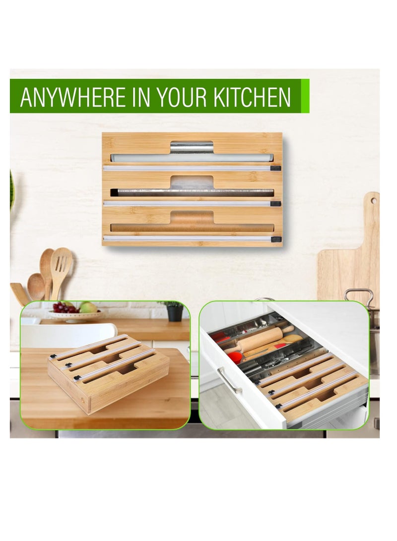 eBasket 3 in 1 Bamboo Kitchen Roll Organizer (For Foil Roll, Stretch Roll, and Toilet Roll) - Image 2