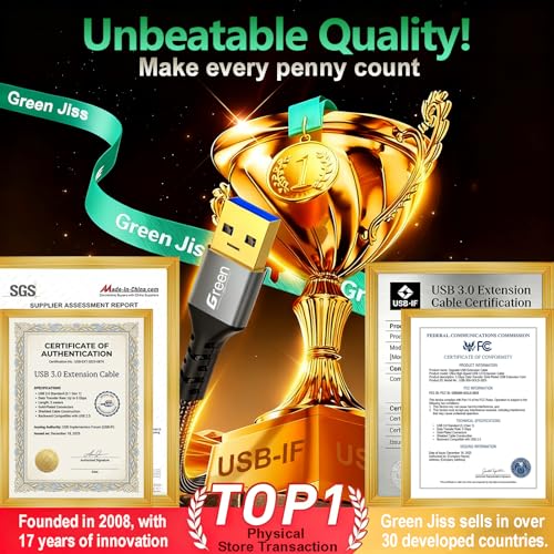 Green Jiss Upgrade USB Extension Cable, 3.3FT 6.6FT 10FT 12.9FT 16FT Ultra-High-Speed USB 3.0 Extension Cable 5Gbps Data Transfer Gold-Plated USB Extender Type A Male to Female Military Grade Braided 6.6FT - Image 5