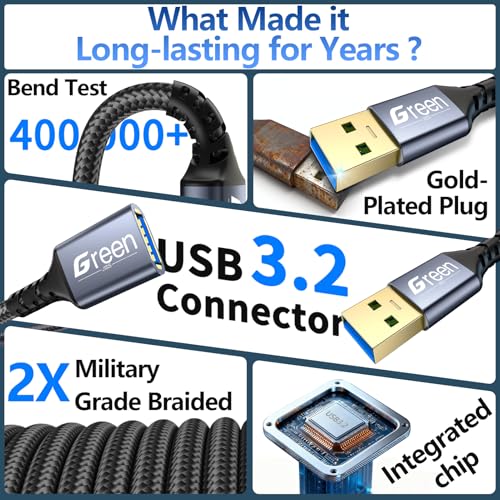 Green Jiss Upgrade USB Extension Cable, 3.3FT 6.6FT 10FT 12.9FT 16FT Ultra-High-Speed USB 3.0 Extension Cable 5Gbps Data Transfer Gold-Plated USB Extender Type A Male to Female Military Grade Braided 6.6FT - Image 4