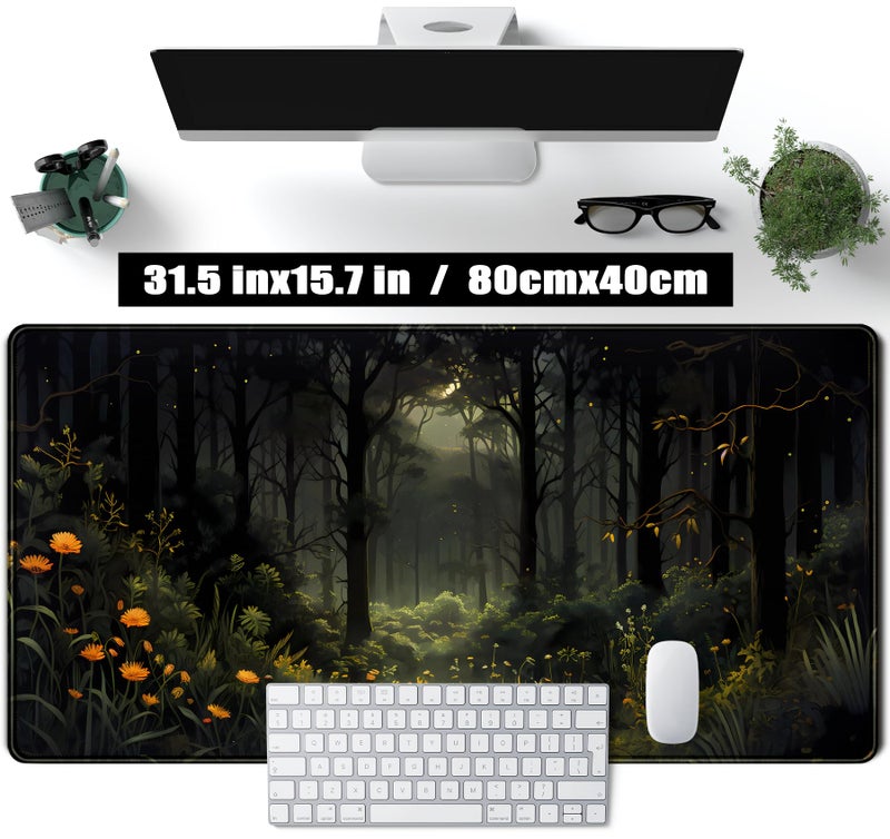 TENG DA QING Dark Forest Desk Mat Mouse pad, Green Nature Deskmat XXL Large Extended Aesthetic Plant Mousepad Gaming Desk Pad, Big Laptop Computer Keyboard and Mouse Mat for Women Office Desk Decor 31.5x15.7 in - Image 2