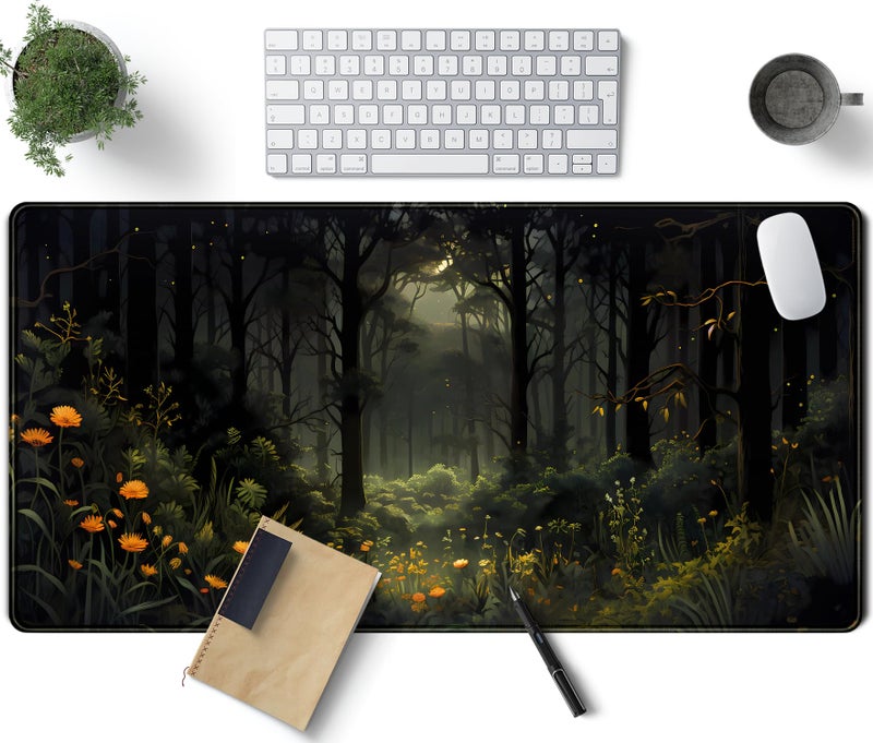 TENG DA QING Dark Forest Desk Mat Mouse pad, Green Nature Deskmat XXL Large Extended Aesthetic Plant Mousepad Gaming Desk Pad, Big Laptop Computer Keyboard and Mouse Mat for Women Office Desk Decor 31.5x15.7 in - Image 1
