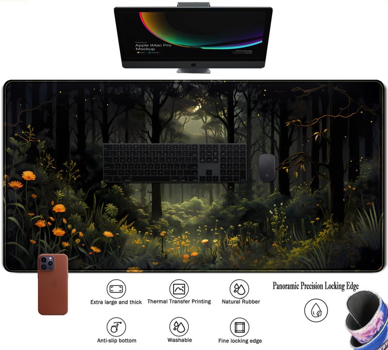 TENG DA QING Dark Forest Desk Mat Mouse pad, Green Nature Deskmat XXL Large Extended Aesthetic Plant Mousepad Gaming Desk Pad, Big Laptop Computer Keyboard and Mouse Mat for Women Office Desk Decor 31.5x15.7 in - Image 3