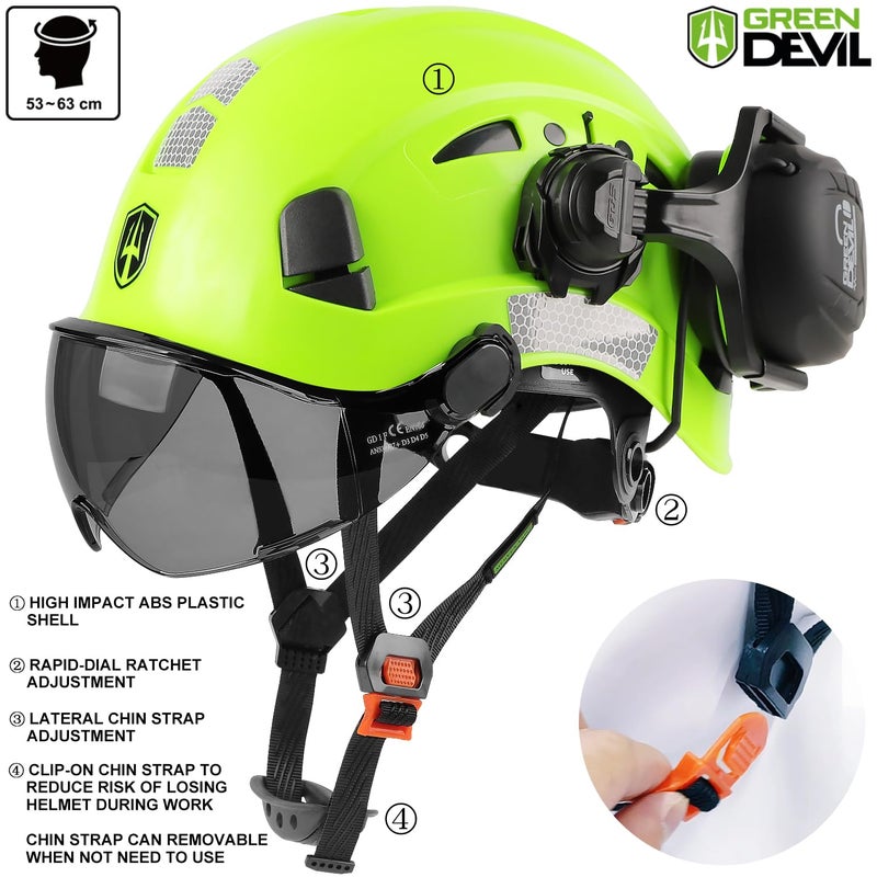 GREEN DEVIL خوذة أمان خضراء شيطانية مع واقي و سماعات بلوتوث للحماية الكاملة خوذة عمل مهوّاة ANSI Z89.1 خوذات بناء للصناعات الإنشائية والغابات - Image 4