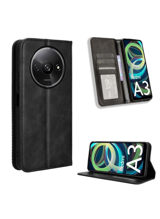 إيروريكس جراب هاتف جلدي بمشبك مغناطيسي بتصميم كلاسيكي لهاتف Xiaomi Poco C61 / Redmi A3 (أسود)