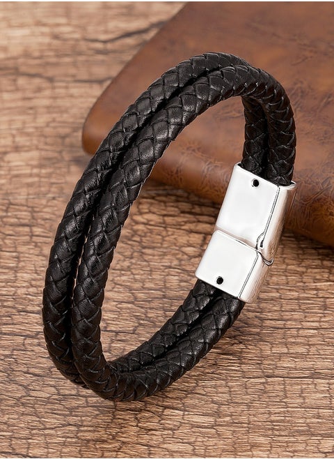 Black Leather Braided Bracelet For Men 8.2 Inch