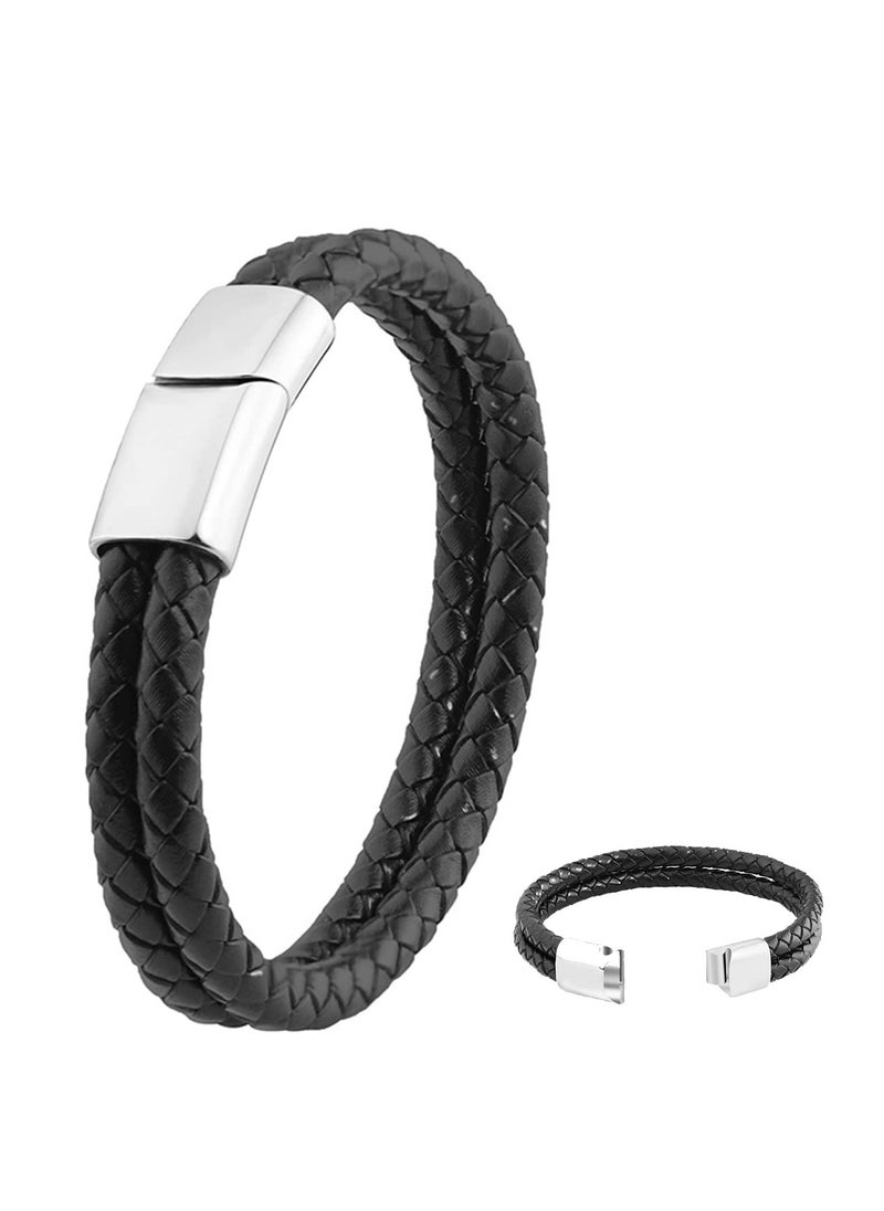 YL - Black Leather Braided Bracelet For Men 8.2 Inch - Image 1