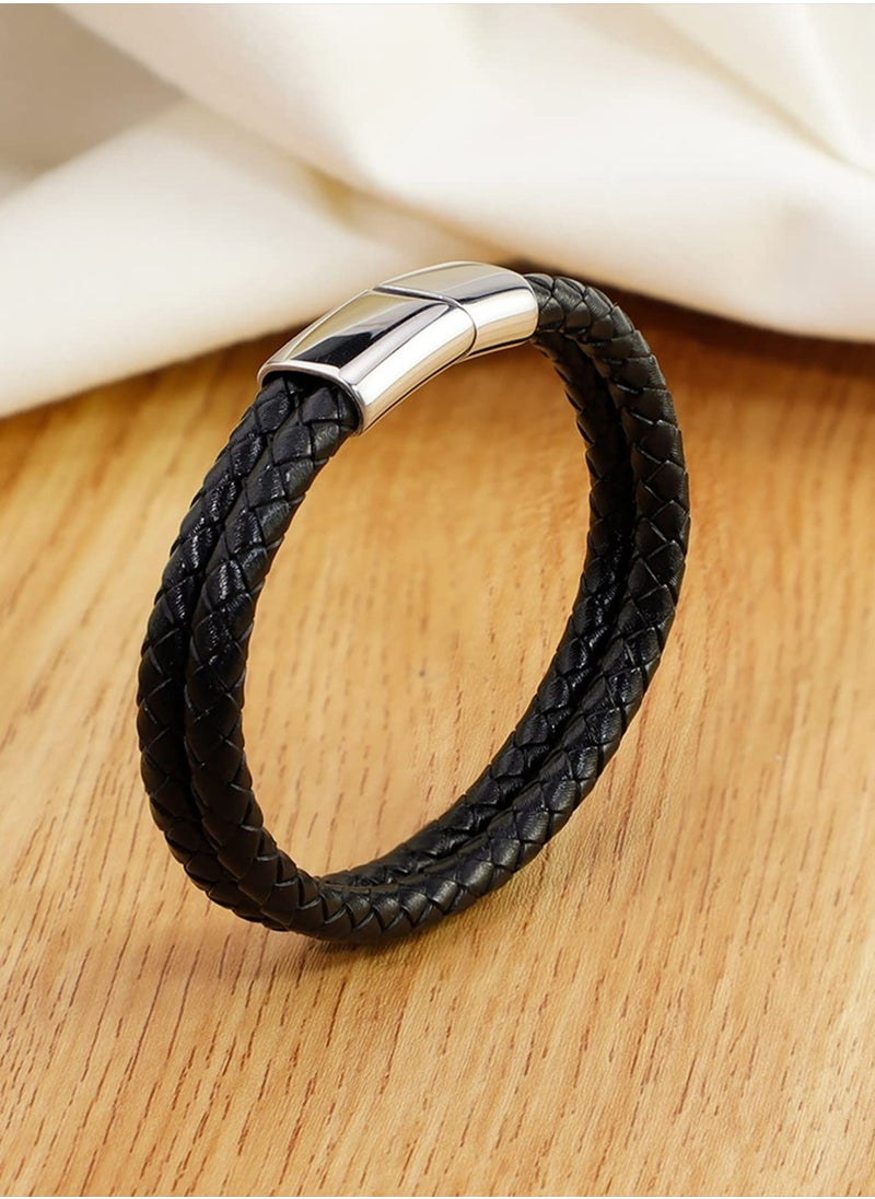 YL - Black Leather Braided Bracelet For Men 8.2 Inch - Image 1