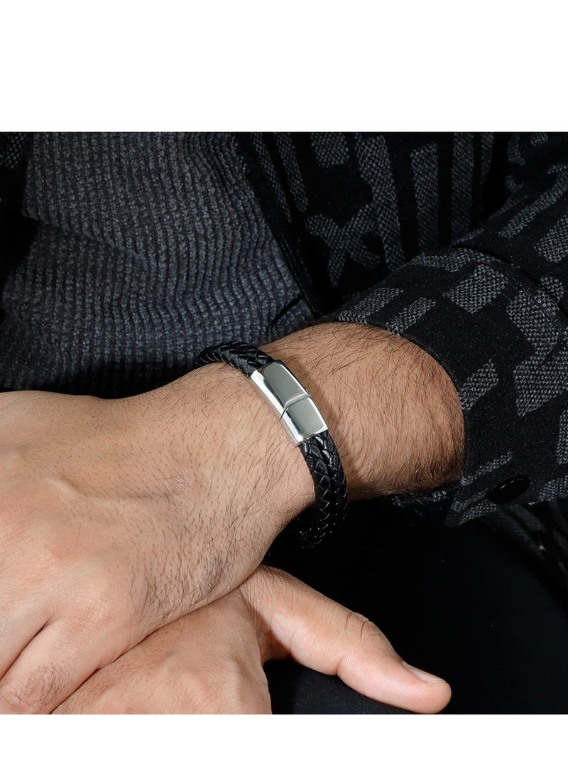 YL - Black Leather Braided Bracelet For Men 8.2 Inch - Image 1