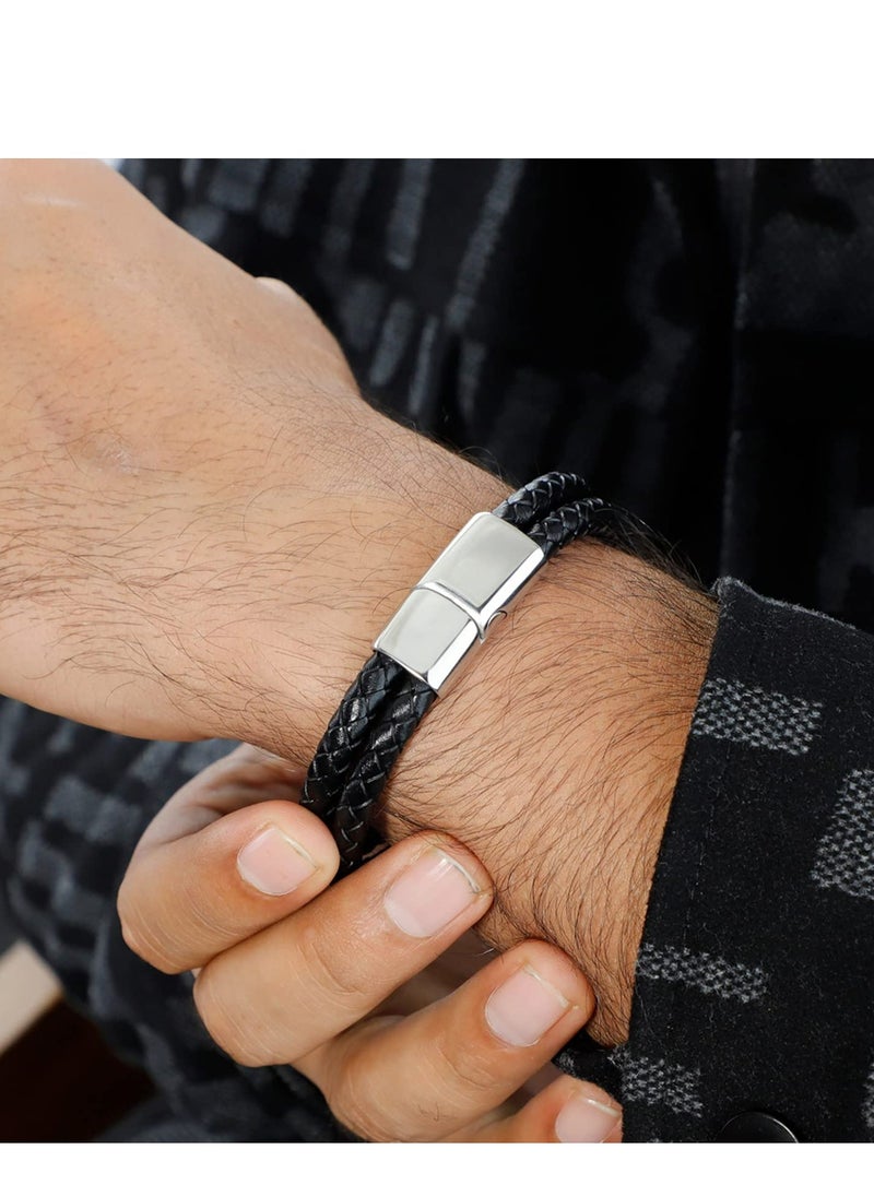 YL - Black Leather Braided Bracelet For Men 8.2 Inch - Image 1
