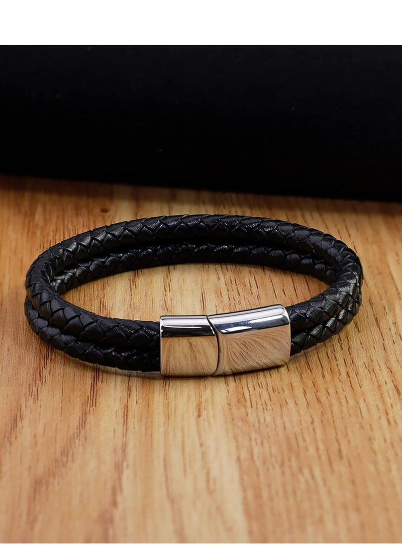 YL - Black Leather Braided Bracelet For Men 8.2 Inch - Image 1