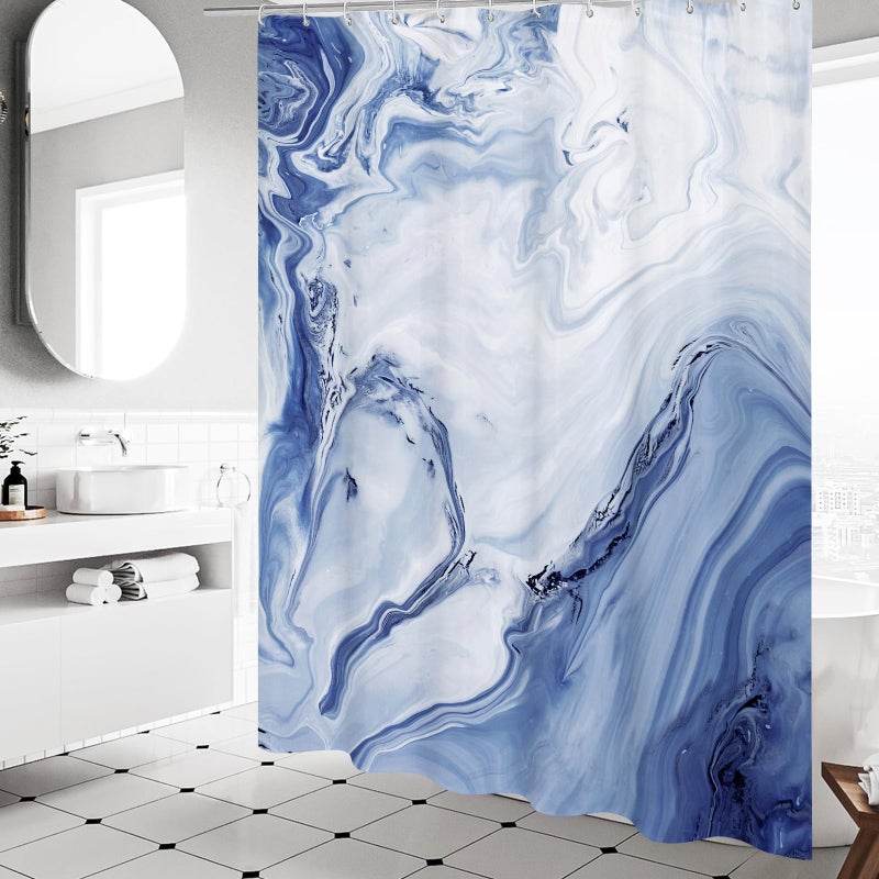 MitoVilla Navy Blue Marble Small Stall Shower Curtain 36 x 72  Abstract Ombre Half Size Narrow Shower Curtain Set  36 inch Modern Fabric Shower Curtains for Chic Luxury Bathroom Decor - Image 1