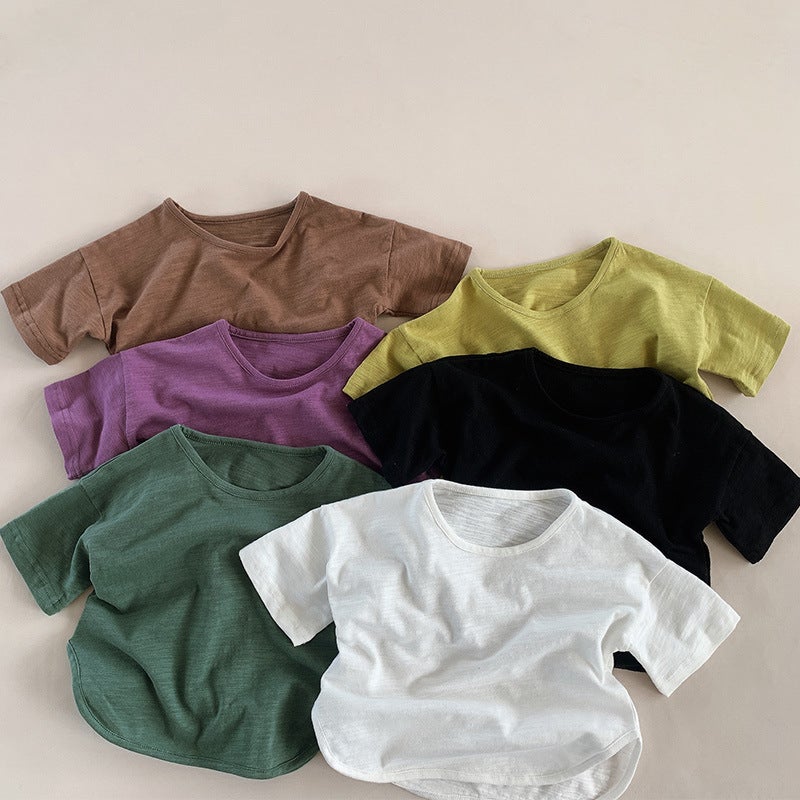 Summer Slub Cotton Short-sleeved T-shirt Trendy in stock Solid Color Round Neck All-match Retro T-shirt Boys and Girls Jacket Children's Wear - Image 3
