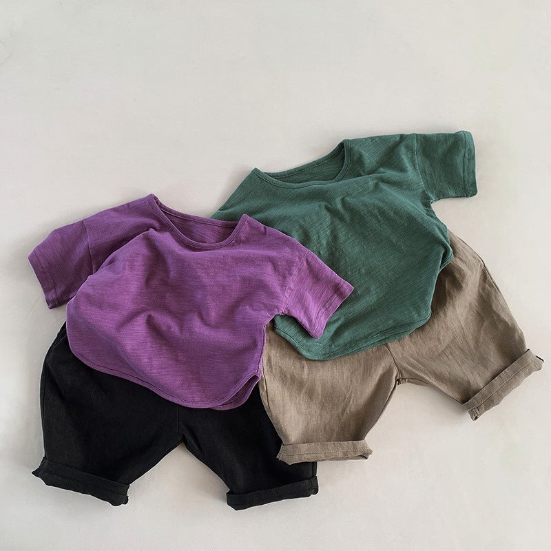 Summer Slub Cotton Short-sleeved T-shirt Trendy in stock Solid Color Round Neck All-match Retro T-shirt Boys and Girls Jacket Children's Wear - Image 2