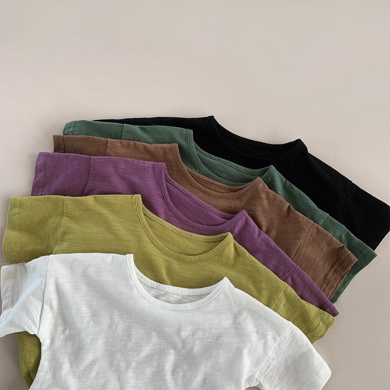 Summer Slub Cotton Short-sleeved T-shirt Trendy in stock Solid Color Round Neck All-match Retro T-shirt Boys and Girls Jacket Children's Wear - Image 5
