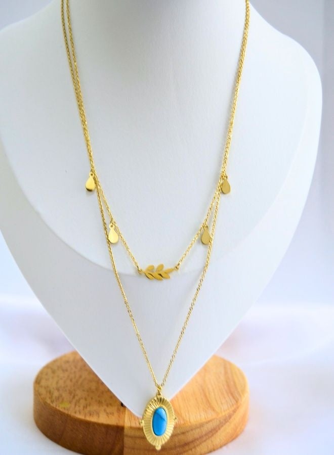 Andaazs Andaazs Women’s Eclipse Layered Necklace – 18K Gold-Plated Dual Chain with oval Turquoise Stone Pendant – Boho Minimalist Jewelry  - Image 2