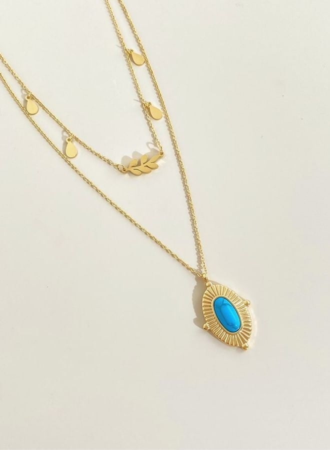 Andaazs Andaazs Women’s Eclipse Layered Necklace – 18K Gold-Plated Dual Chain with oval Turquoise Stone Pendant – Boho Minimalist Jewelry  - Image 1