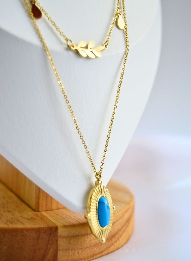 Andaazs Andaazs Women’s Eclipse Layered Necklace – 18K Gold-Plated Dual Chain with oval Turquoise Stone Pendant – Boho Minimalist Jewelry  - Image 3