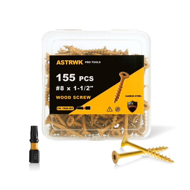 ASTRWK براغي خشبية 1-1/2 بوصة، براغي سطح #8×1-1/2 بوصة، 155 قطعة، مقاومة للصدأ ومغطاة بالإيبوكسي، تشمل قطع توركس T25، تان - Image 1