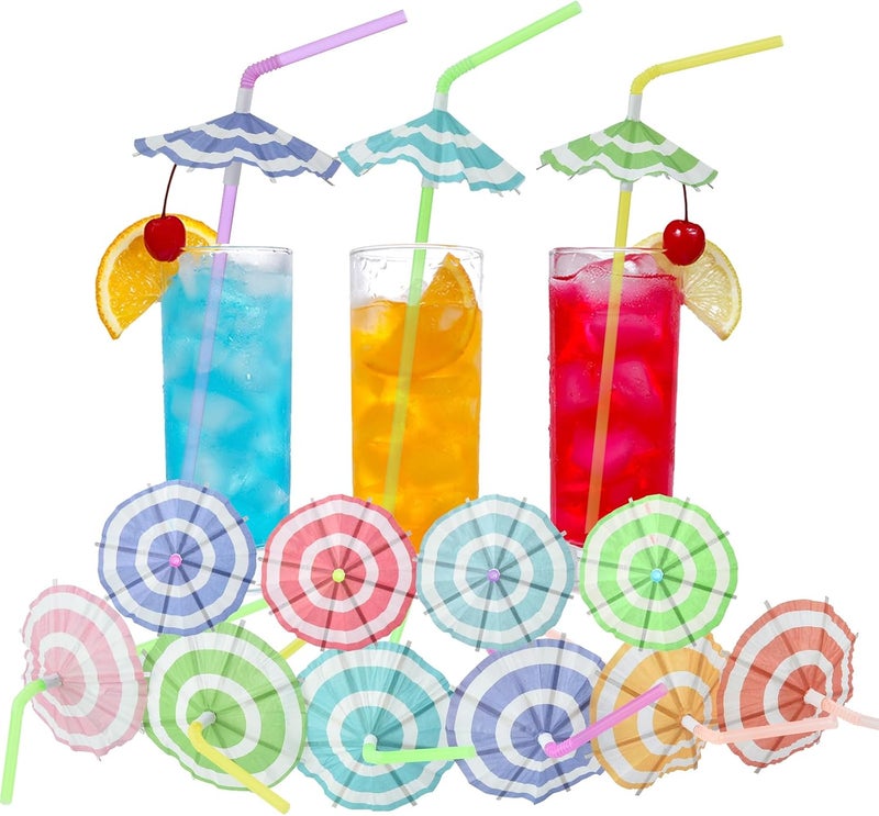 Haundry 24pcs Umbrella Straws, Long Cocktail Drink Umbrellas Fancy Flower Bar Straws, Tropical Summber Beach Luau Tiki Hawaiian Party Straws Decorations (Circle) - Image 1