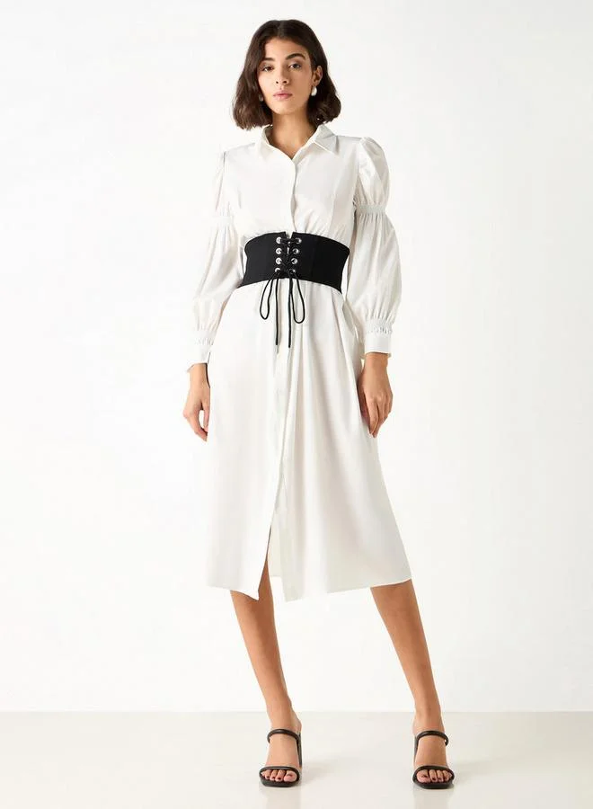 2Xtremz 2Xtremz Midi Shirt Dress with Puff Sleeves and Corset Belt