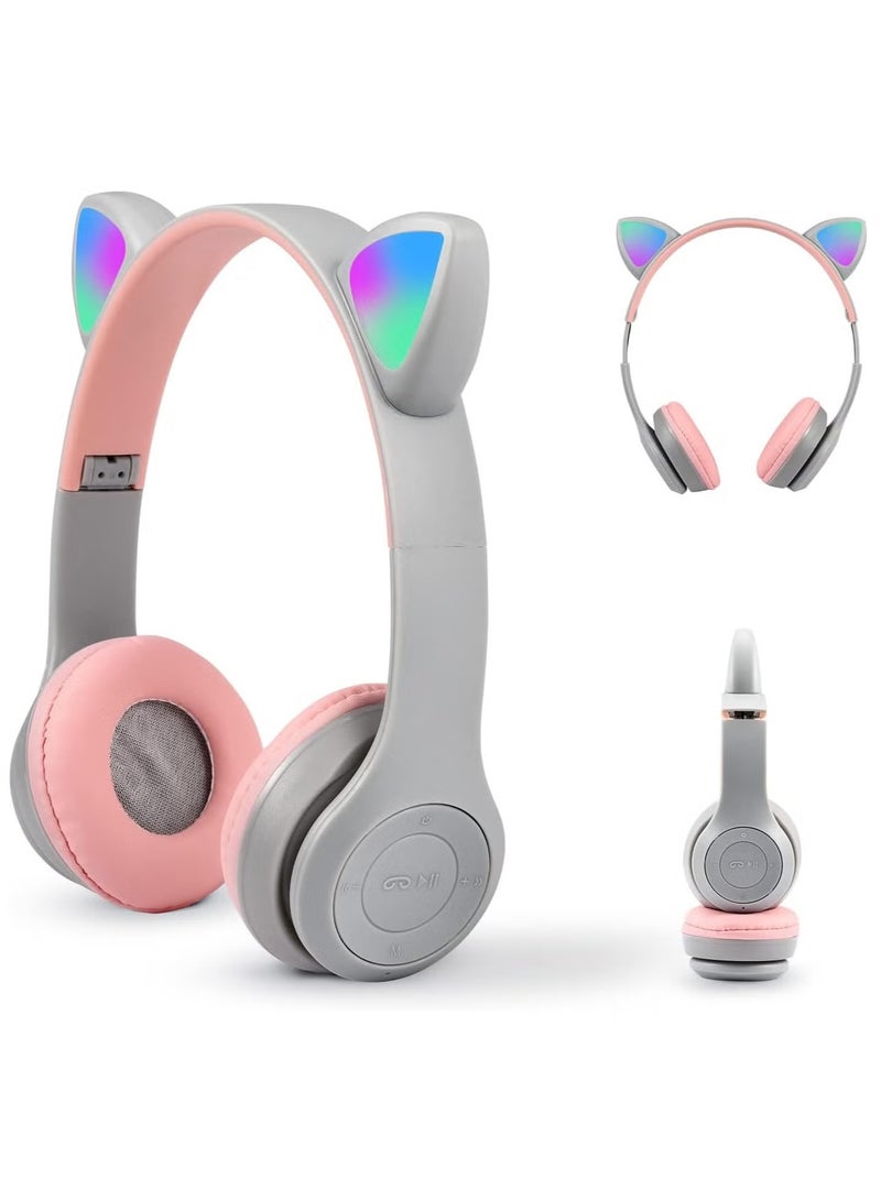 ELTRAZONE Bluetooth Wireless Headphones for Kids – Cat Ear LED Light Headphones with Microphone, Over-Ear Stereo Headset, Foldable Design, TF Card/Wired Connectivity, Adjustable Headband – Ideal Gift for Girls and Boys Age 7+ – Grey - Image 2