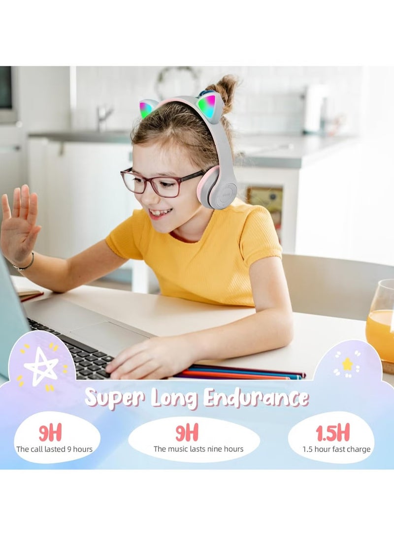 ELTRAZONE Bluetooth Wireless Headphones for Kids – Cat Ear LED Light Headphones with Microphone, Over-Ear Stereo Headset, Foldable Design, TF Card/Wired Connectivity, Adjustable Headband – Ideal Gift for Girls and Boys Age 7+ – Grey - Image 3
