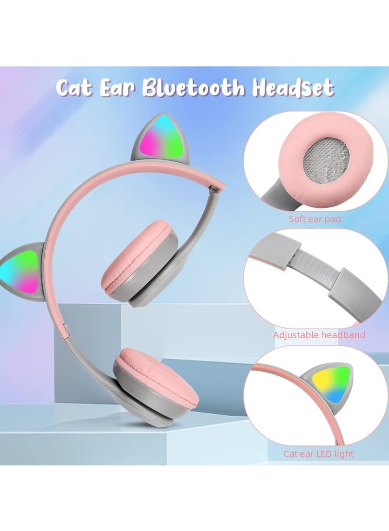 ELTRAZONE Bluetooth Wireless Headphones for Kids – Cat Ear LED Light Headphones with Microphone, Over-Ear Stereo Headset, Foldable Design, TF Card/Wired Connectivity, Adjustable Headband – Ideal Gift for Girls and Boys Age 7+ – Grey - Image 5