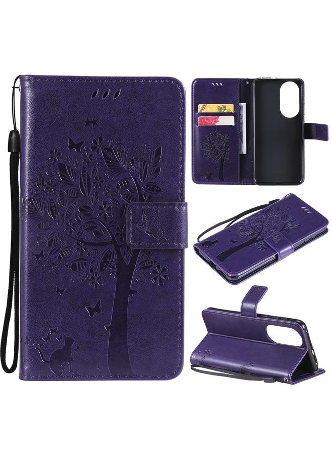 زبون جراب لهاتف Huawei P50 مطبوع عليه نقشة شجرة وقطط، مصنوع من جلد البولي يوريثان، مع حامل وفتحات للبطاقات ومحفظة وحبل تعليق - Image 1