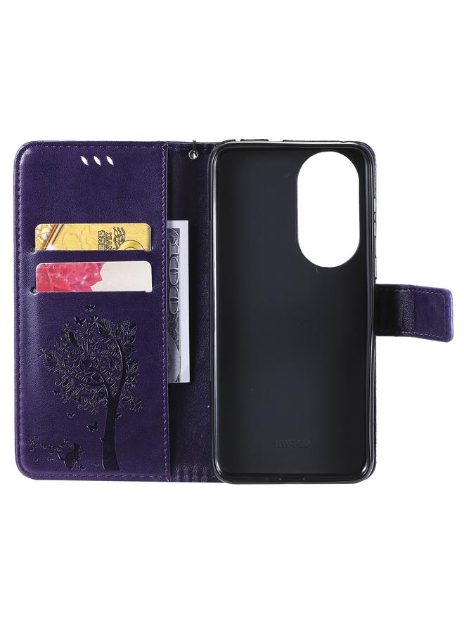 زبون جراب لهاتف Huawei P50 مطبوع عليه نقشة شجرة وقطط، مصنوع من جلد البولي يوريثان، مع حامل وفتحات للبطاقات ومحفظة وحبل تعليق - Image 4