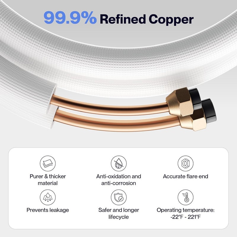 della 10 Ft Mini Split Line Set, Includes 1/4" & 1/2" O.D. Copper Pipes with Flared Nuts and a 3/8" Thick White PE Insulated Coil, Perfect for Mini Split AC and other HVAC Systems - Image 5