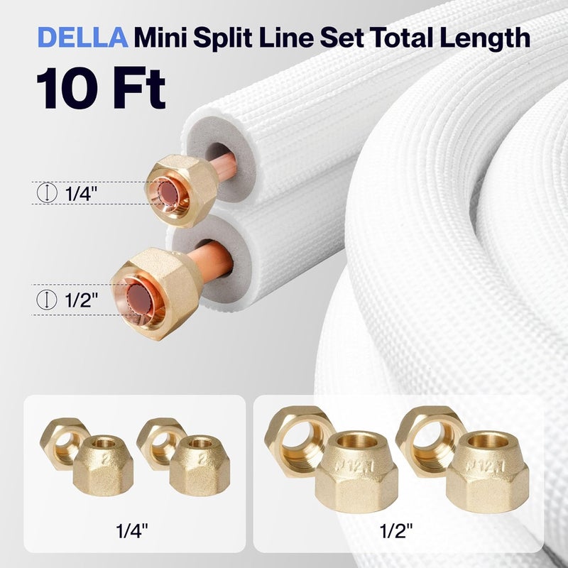 della 10 Ft Mini Split Line Set, Includes 1/4" & 1/2" O.D. Copper Pipes with Flared Nuts and a 3/8" Thick White PE Insulated Coil, Perfect for Mini Split AC and other HVAC Systems - Image 2