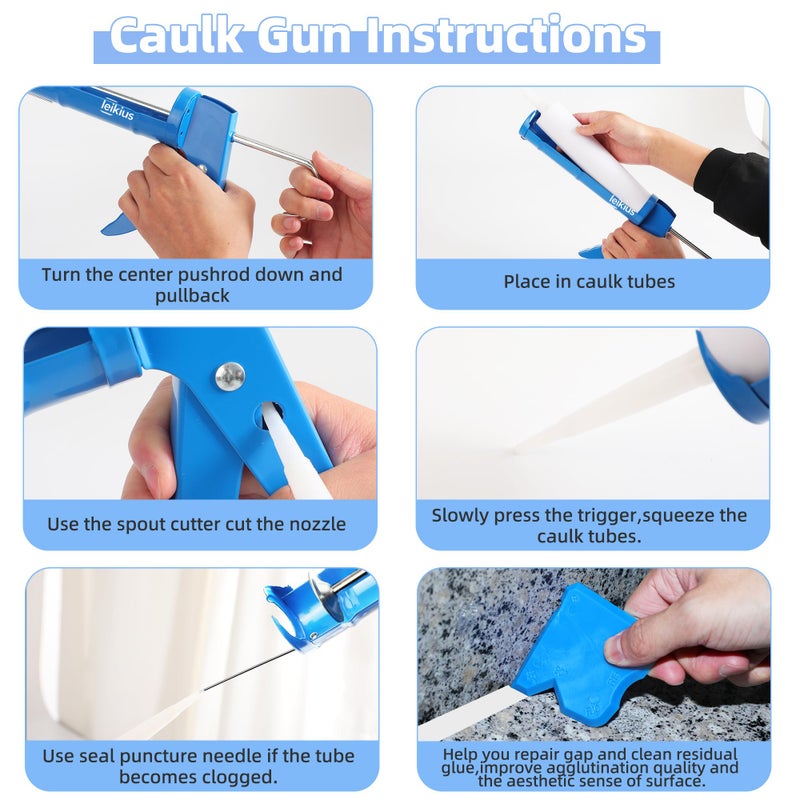 Leikius Caulk Gun Kit Smooths No-drip Silicone Caulking Gun and Caulking Tools, Sealant Tools Grout Scraper For Kitchen Bathroom Sink Joint,With Gift Box Works 10OZ Tubes blue - Image 4